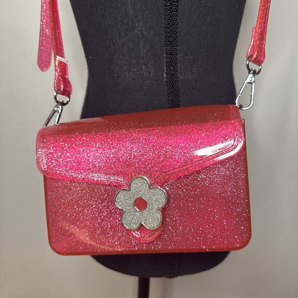 Y2K Pink Glitter Shoulder Bag Flower Clasp 2000s Bratz Polly Pocket Purse - Picture 2 of 5
